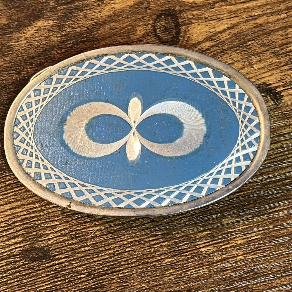 Vintage Western Belt Buckle Blue White Silver Etched Geometric Rope Border Metal